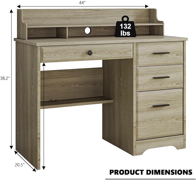 4 EVER WINNER Computer Desk with Drawers, Small Desk with Monitor Stand and File Drawer, Wood Desk with Storage, Writing Desk for Bedroom Home Offic, Grey