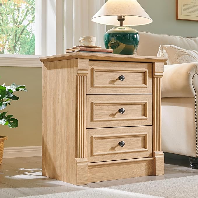 26" Tall Nightstand with Charging Station, Farmhouse 23.6" Wide Large End Table w/Roman Column, Wood Rustic Side Table w/Metal Handle, 3 Drawers Dresser for Bedroom, Living Room, Natrual