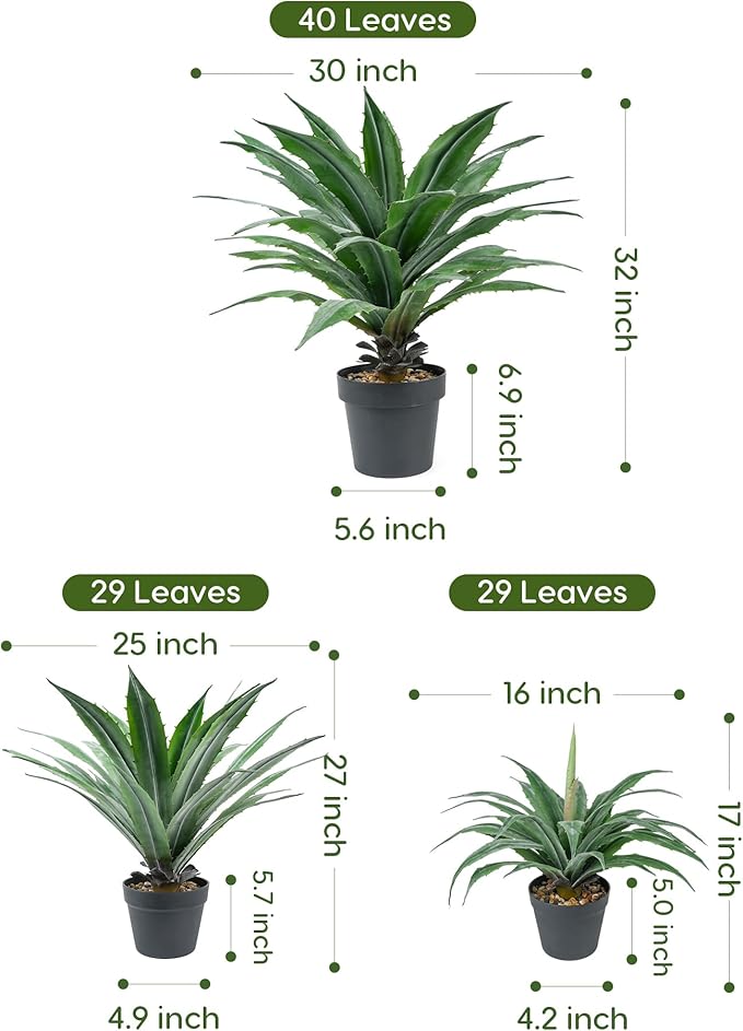 Velener Artificial Agave Plant in Black Pot with Real Stone Pebbles, Large Fake Agave Plants with Green Serrated Leaves, Faux Yucca for Indoor and Outdoor Decor-27 Inches Tall, 29 Leaves