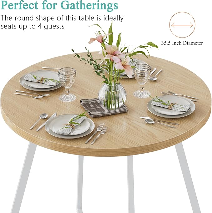 VECELO 35" Round Dining Table for 4, Wood-Grain Tabletop & Heavy-Duty Steel Frame, for Kitchen, Living Room, Easy Assembly, Natural & White