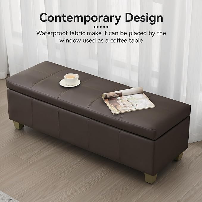 51" Faux Leather Storage Ottoman, Stitch Tufted Rectangle Upholstered End of Bed Storage Bench, Entryway Large Couch Ottoman with Wooden Legs,Brown