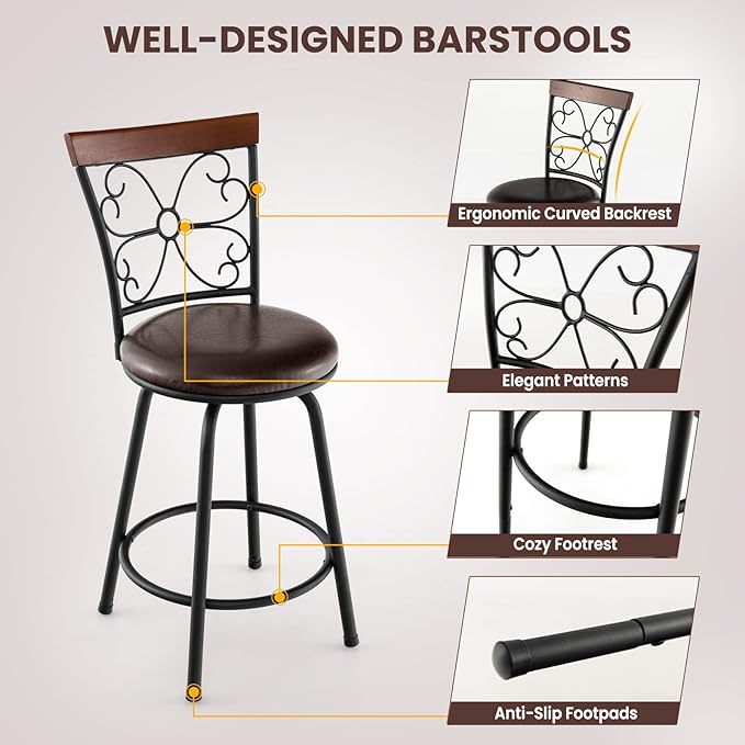 COSTWAY Bar Stools for Kitchen Island, 24/30 Inch Adjustable Seat Height Swivel Barstools Set of 2, Cushioned Seat & Cozy Backrest, Extra Leg Tubes for Height Adjustment, for Kitchen, Bar (2)
