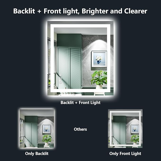 20x28 Inch LED Bathroom Mirror with Lights Front and Backlit Lighted Vanity Mirror for Bathroom Wall with 3 Colors Dimmable Anti-Fog Memory Shatter-Proof IP54 Waterproof Horizontal/Vertical