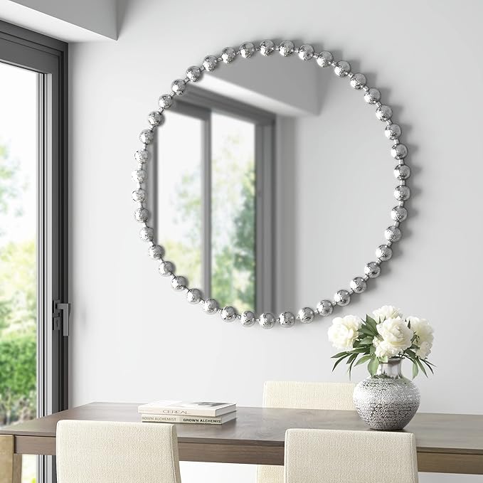 Madison Park Round Mirror, Metal Frame Circle Mirror 36 inch, Wall Art Decor Mounted Hanging for Entryway, Bathroom, hallway, Living Room, Vanity, Marlowe, Silver