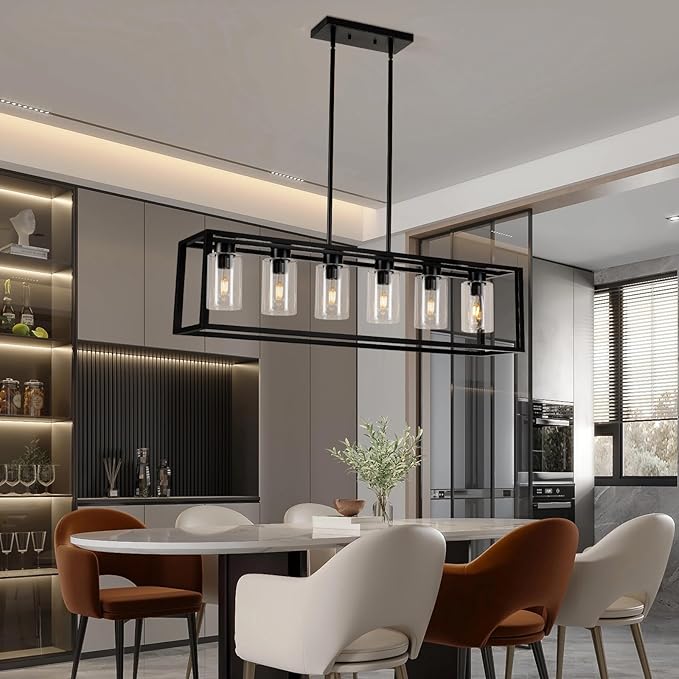 Farmhouse Dining Room Light Fixture Kitchen Island 6-Light Pendant Lighting, Adjustable Rectangle Black Contemporary Chandeliers with Glass Shade (6 Light)