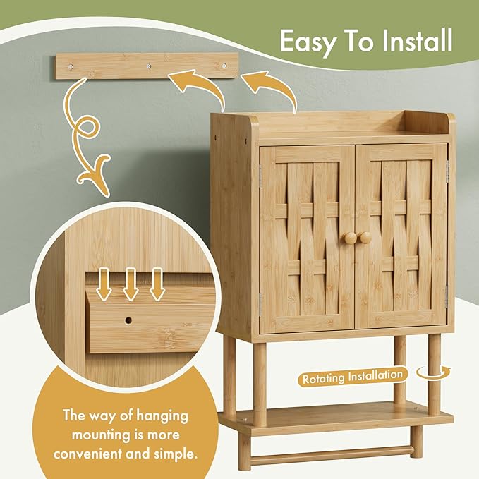 AmazerBath Bathroom Wall Cabinets with Strip Weaving Door, Medicine Cabinets with Towel Bar, Hanging Over Toilet Storage Organizer Cabinet for Small Spaces, Adjustable Shelves, 8.3x16.5x26.6 Inches