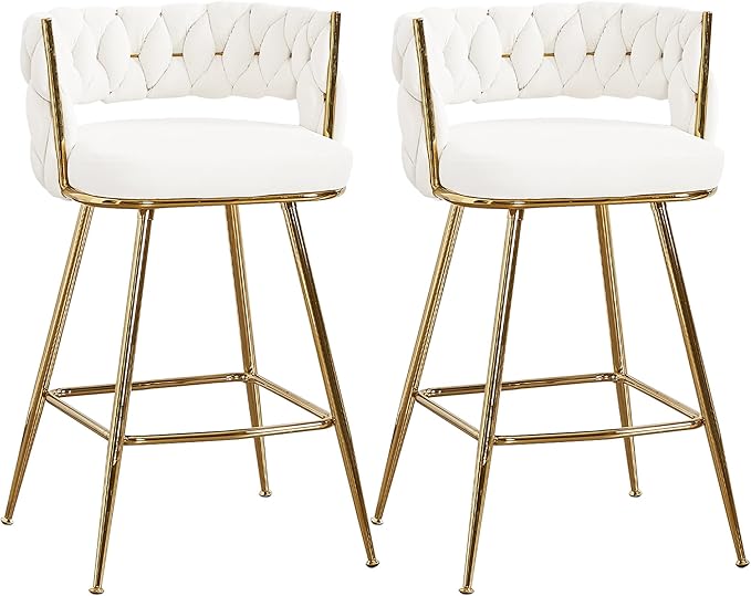 VECELO Bar Stools Set of 2, Counter Height Bar Stools, 26 inch Seat Barstools with Woven Back and Footrest for Kitchen Island Counter, White