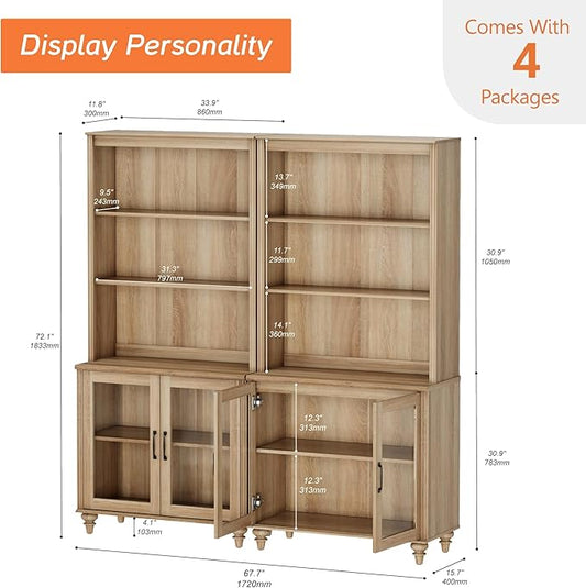 WAMPAT 5 Tier Bookshelf 72" Tall Bookcase with Glass Doors,Large Farmhouse Display Book Shelf with Adjustable Shelves and Storage Cabinet,Library Wood Bookshelves for Living Room,Kitchen, Oak(2PCS)