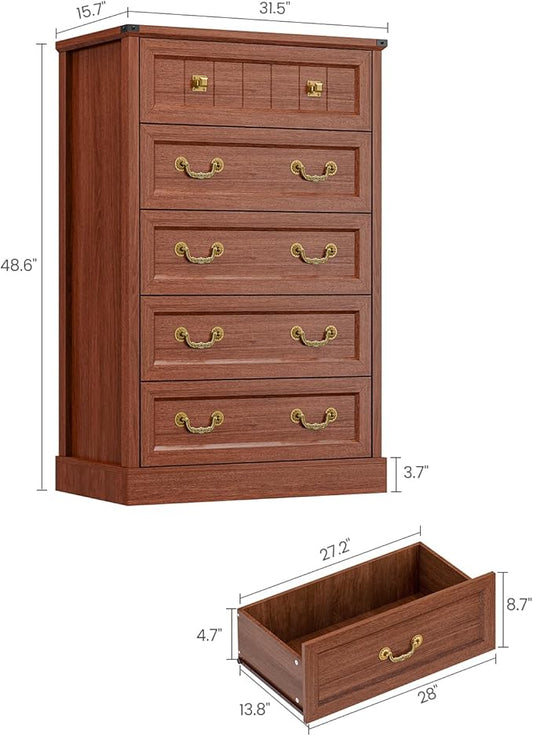 AOGLLATI Farmhouse 5 Drawers Dresser for Bedroom, 48” Tall Wood Rustic Chest of Drawers with Natural Texture, Vintage Design, Black Storage Dresser for Bedroom,Oak Brown