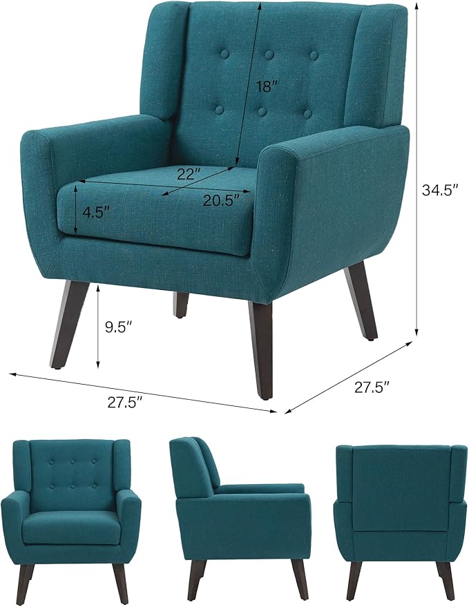 Accent Chair, Mid-Century Modern Fabric Chairs with Arms for Living Room, Comfy Upholstered Club Single Sofa Armchair for Bedroom Waiting Room with Solid Wood Frame (Fabric Turquoise, Set of 1)