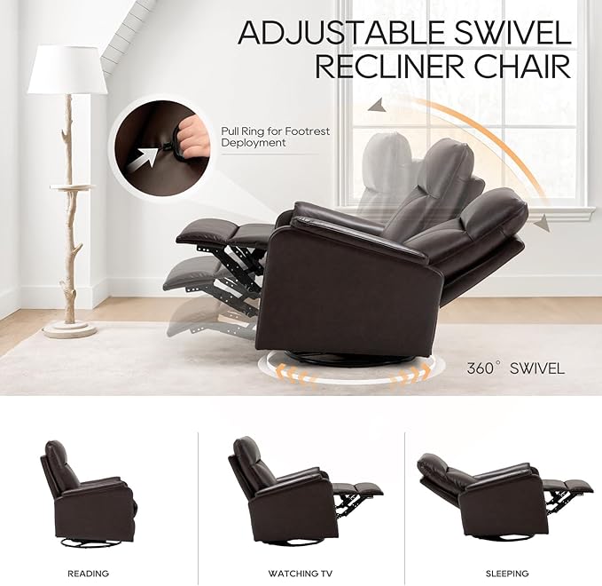 COLAMY Leather Swivel Recliner Chair with Footrest, Rocker Recliner Chair High Back with Double-Layer Cushion, Glider Recliner for Nursery & Living Room, Bedroom, Chocolate