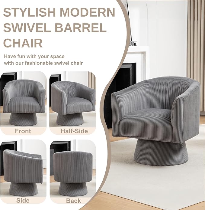 Swivel Accent Chair, Modern 360° Swivel Barrel Chair, Corduroy Upholstered Single Sofa for Living Room, Bedroom(Gray)