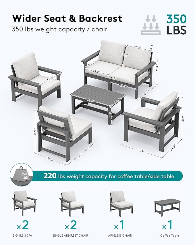SERWALL HDPE Patio Conversation Set, 6-Piece Sectional Outdoor Furniture Set, All Weather Outdoor Couch Set Patio Furniture Set for Deck, Lawn, Grey Frame with Khaki Cushion