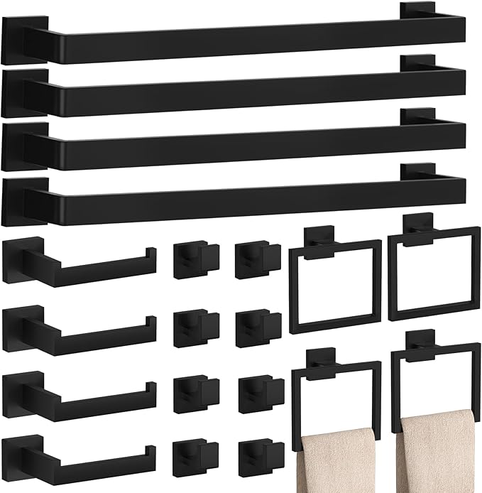 20-Piece Matte Black Bathroom Accessories Set – 23.6" Towel Bar, Towel Ring, Toilet Paper Holder & Hooks, Wall Mounted Bathroom Hardware, Rust & Corrosion-Resistant, Ideal for Modern Bathrooms