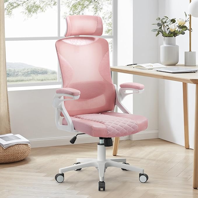 SEATZONE Pink Office Chair,Ergonomic Desk Chair with Adjustable Headrest and Lumbar Support,Swivel Mesh Office Chair with Flip up Armrest for Home Office and Gaming
