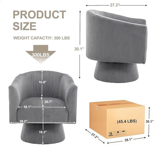 Swivel Accent Chair Set of 2, Modern 360° Swivel Barrel Chair, Corduroy Upholstered Single Sofa for Living Room, Bedroom(Gray)