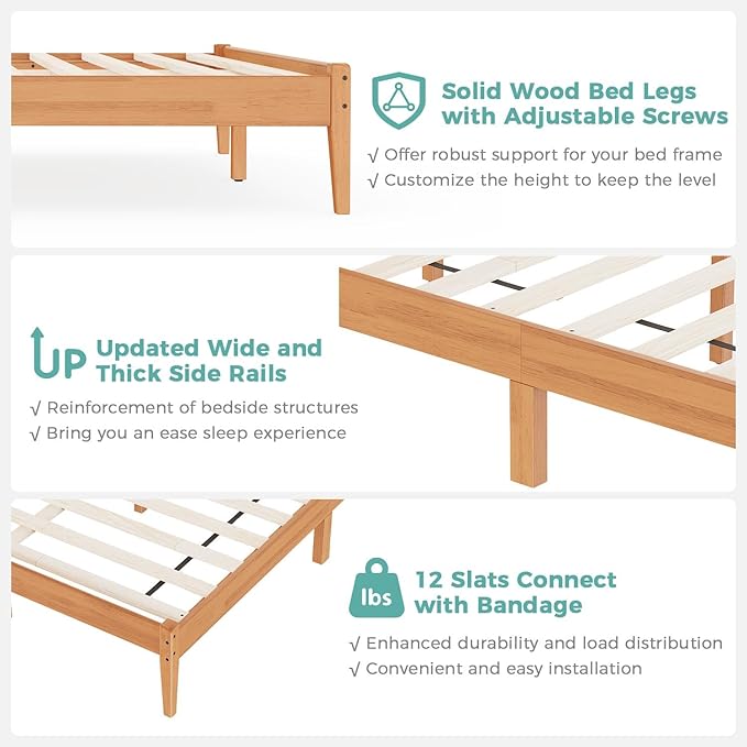 Solid Wood Queen Bed Frame, Malaysian Oak Platform Bed with Ladder Headboard, Modern Bedframe with Elevated Bed Legs, No Box Spring Needed, Noise-Free, Queen Size, Rustic Pine