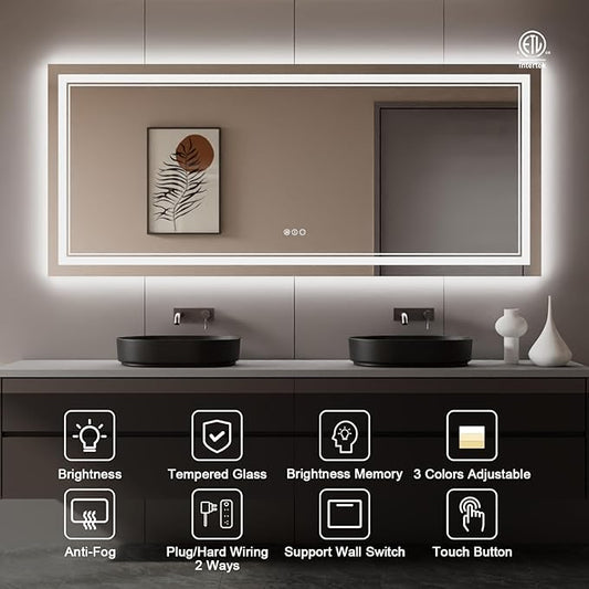 88x38 Inch LED Bathroom Mirror with Lights, Backlit and Front Lighted Bathroom Mirrors for Wall, Anti-Fog Dimmable Memory Shatterproof LED Vanity Mirror for Bathroom