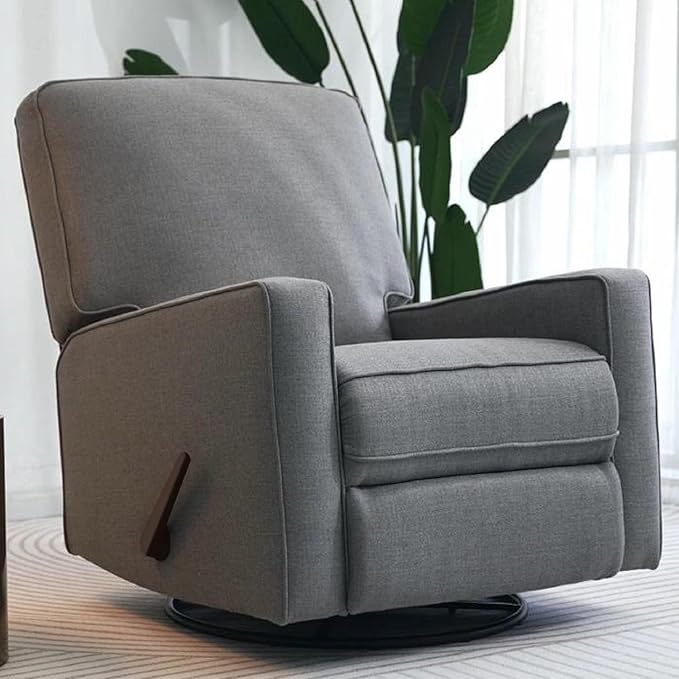 Harkawon Swivel Rocker Recliner Chair, Glider Rocker Recliner, Rocking Chair Nursery, Fabric Chair with High Back, Deep Seat, for Living Room, Bedroom (Dark Grey+Brown)