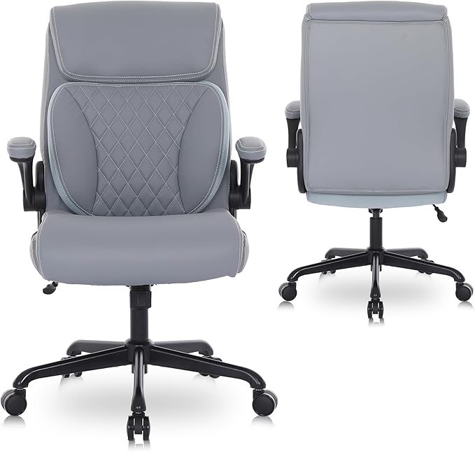 Youhauchair Executive Office Chair, Ergonomic PU Leather Computer Desk Chair with Lumbar Support, Flip-up Armrests and Adjustable Height, for Home Office, Grey