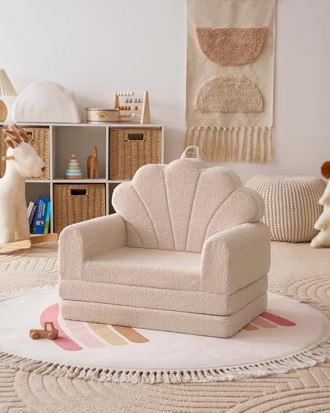 Blissful Diary Kids Couch, 2-in-1 Soft Toddler Couch Fold Out, Toddler Chair Comfy, Convertible Sofa to Lounger, Kids Furniture for Playroom, Gift for Birthday, Children's Day, Beige Shell