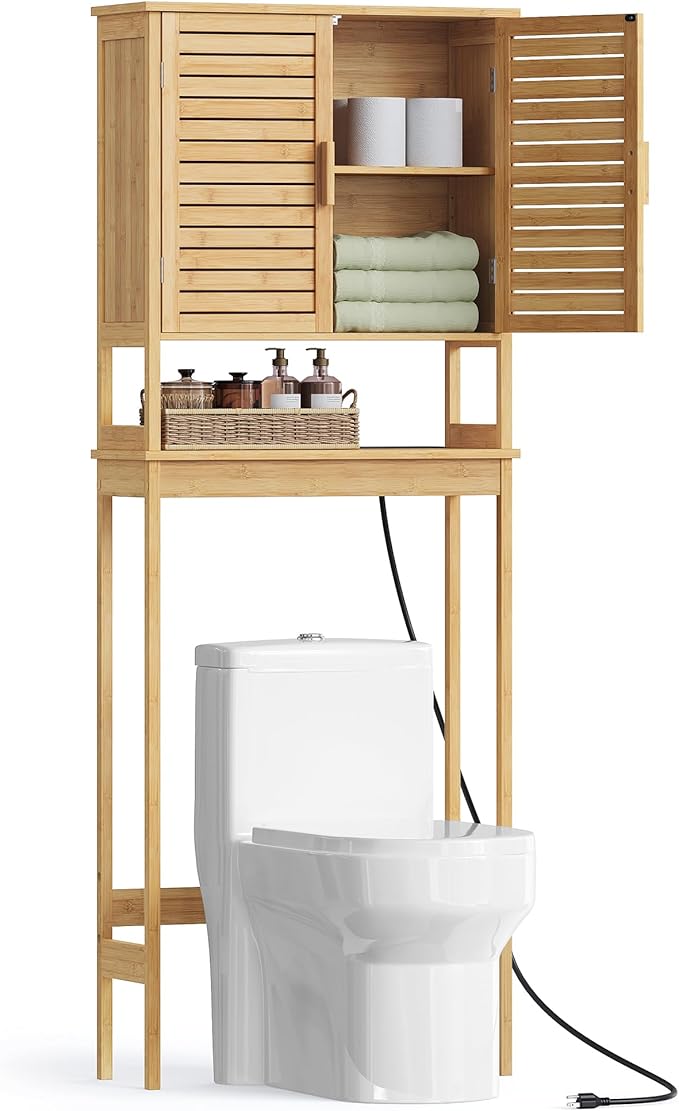 SONGMICS Over The Toilet Storage Cabinet with Charging Station, Bathroom Cabinet with Adjustable Inside Shelf and Bottom Stabilizer Bar, Space-Saving Toilet Rack, Natural Beige UBTS015N01