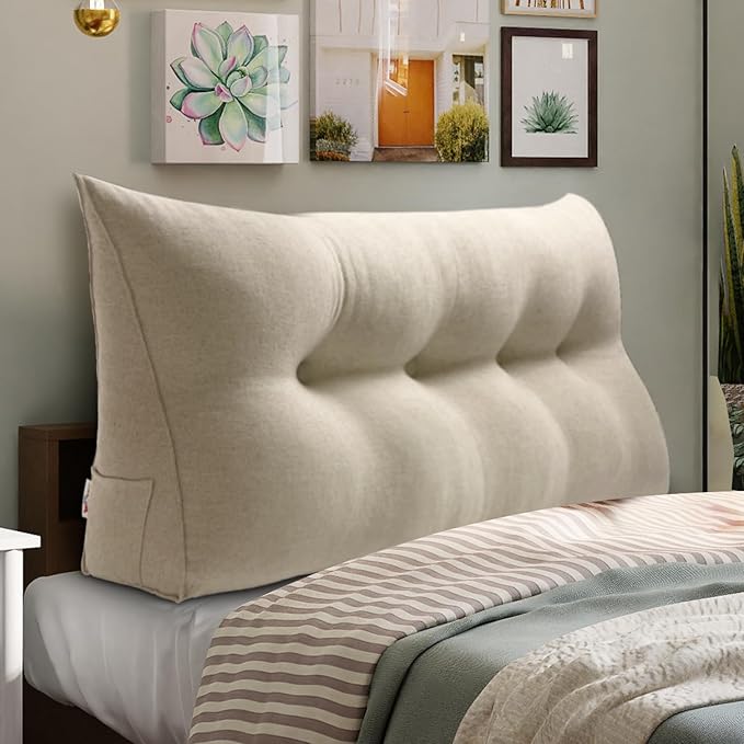 WOWMAX Triangular Headboard Pillow Bed Wedge Pillow for Headboard Full Size Wedge Pillow Headboard for Daybed Bunk Bed Large Bolster Pillow for Bed with Removable Cover, 85% Linen 15% Cotton Blend
