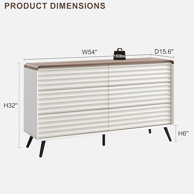 RedLemon 6 Drawers Dresser for Bedroom, 54'' Wide Mid Century Modern Wood Fluted Double Dresser, Chest of Drawers with Tapered Leg for Bedroom, Living Room, Hallway, Closet, Antuique White