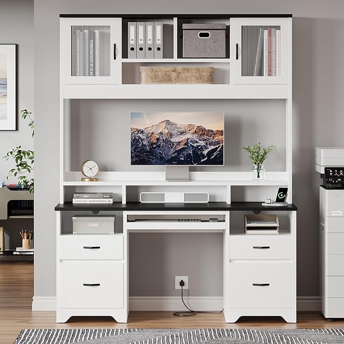 Bestier 77.8" H Executive Desk with Hutch, Modern Wood Computer Desk with Drawers, Charging Station, LED Light, Fluted Storage Cabinet, Keyboard Tray, 59" W Office Desk for Home Office, White