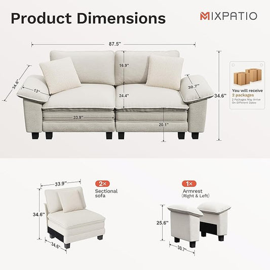 87" Cloud Modular Sectional Loveseat, 2-Seater w/Deep Seat & Removable Arms, Plush Chenille for Small Living Room & Apartment - Beige