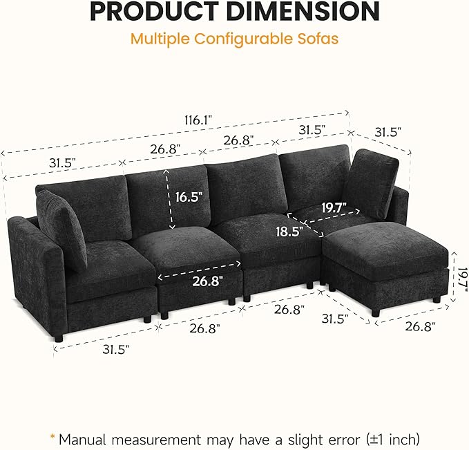 4-Seater Modular Sectional Cloud Sofa with Ottoman, Convertible L-Shaped Couch for Living Room, Modern Deep Seat Modular Sofa, Chenille Dark Grey