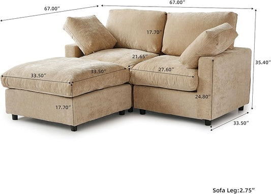 WJShome Sectional Couches for Living Room, 67 Inch Loveseat Sofa with Ottoman, Modern Chenille Fabric & Double Layer Cushions, Modular Couch for Apartment/Bedroom,Khaki