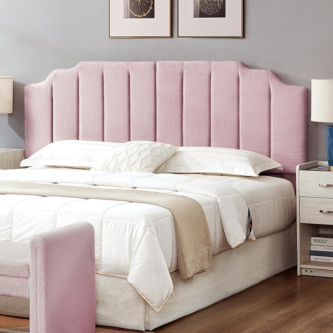 24KF Pink Teddy Fabric Tufted King Upholstered Headboard, Modern Vertical Channel Design California King Headboard with Stepped Silhouette Top Edge,6026-K-Teddy Pink