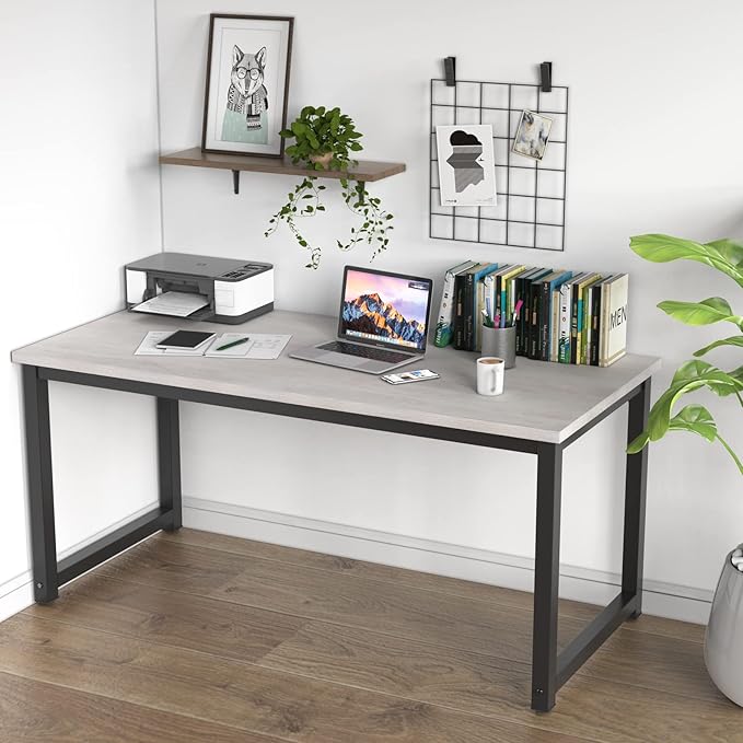 NSdirect 63" Large Computer Desk,Modern Simple Style PC Table Office Desk Wide Workstation for Study Writing,Gaming and Home Office,Extra 1" Thicker Wooden Tabletop and Black Metal Frame,White+Black