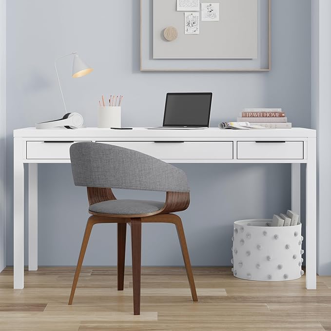 SIMPLIHOME Hollander Desk - 60-Inch Wide Solid Wood Writing Desk in White, Contemporary Home Office Computer Table for Workspace or Study with 2 Drawers and Flip-Down Keyboard Tray
