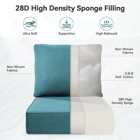 Luxury 6" Outdoor Cushions for Patio Furniture, 24x24x6" Thick Seat Cushion Set of 4, Fade Resistant Couch Chair Replacement Cushions High Density Deep Wicker Chair Cushion w/ Removable Cover, Green