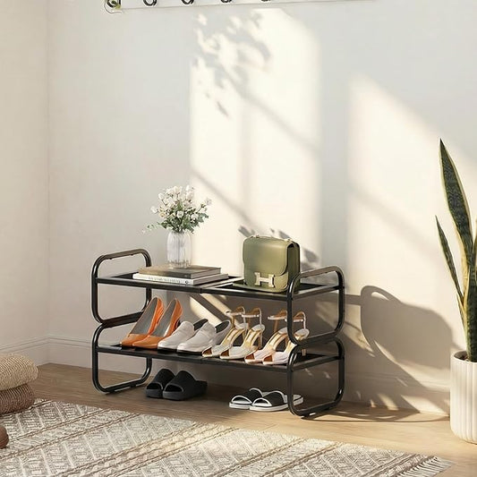 2 Tier Shoe Rack - Expandable Shoe Organizer for Closet, Adjustable Metal Shoe Shelf Storage, Stackable Long Shoe Stand Holder for Garage, Entryway, Door Entrance