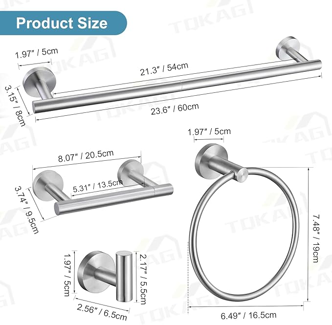 TQKAG 8-Pieces Bathroom Hardware Set Brushed Nickel SUS304 Stainless Steel Bath Towel Bar Set 23.6 Inch Round Bathroom Accessories Kit Wall Mounted