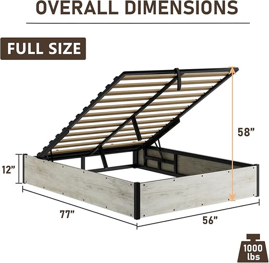 Lift Up Storage Bed Frame, Full Size Wooden Platform Bed with Large Storage Underneath, No Box Spring Needed, Noise Free, Distressed White