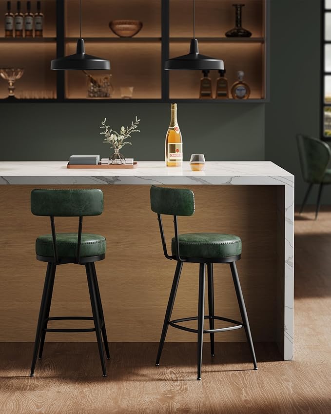 VASAGLE EKHO Collection - Bar Stools Set of 2, Swivel Counter Height Bar Stools with Back, Synthetic Leather with Stitching, Mid-Century Modern, 25.6-Inch Tall Barstools for Kitchen Bar, Forest Green