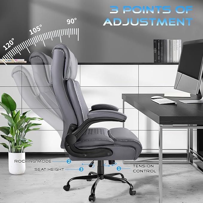 VITESSE Heavy Duty Office Chair, Executive Office Chair with Flip up Armrest,Ergonomic High Back Computer Gaming Chairs Home Office 400lbs, Big and Tall Office Chairwith Lumbar Support(Gray)