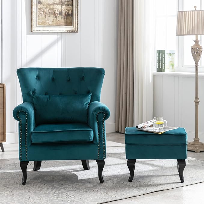 Mid Century Modern Accent Chair Upholstered Armchair Comfy Velvet Tufted Wingback Single Sofa with Ottoman for Bedroom Living Room, Teal