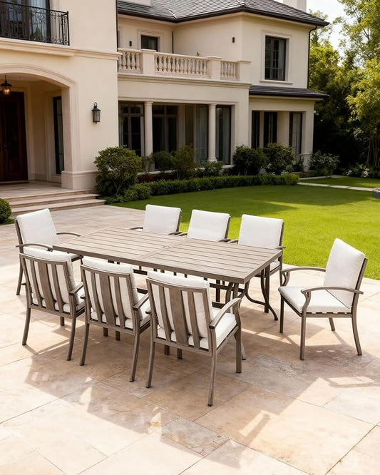9-Piece Outdoor Dining Set, Aluminum Patio Dining Set with 2.2" Umbrella Hole, Outdoor Table and Chairs with Thick Cushions, Patio Furniture Sets for Decks, Lawn, Garden, Backyard, Limed Oak