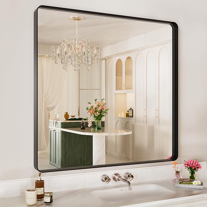 Black Metal Framed Bathroom Mirror for Wall,40X38 Rounded Rectangle Mirror, Matte Black Bathroom Vanity Mirror Farmhouse, Anti-Rust, Tempered Glass, Hangs Horizontally or Vertically