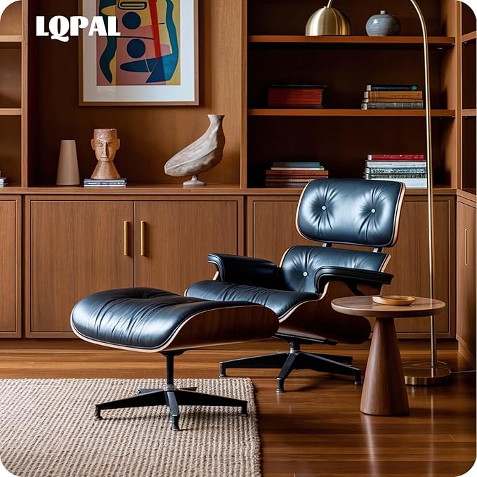 Top Black Grain Leather, Mid Century Chaise Lounge Chair and Ottoman, Modern Chair Classic Design, Walnut Wood, Heavy Duty Base Support for Living Room Study Lounge Office