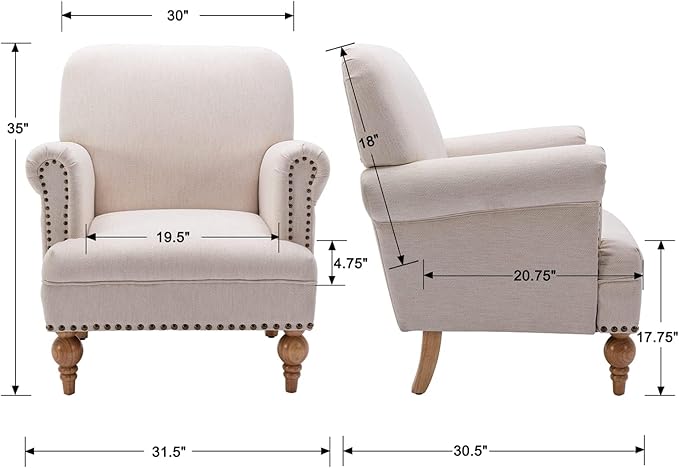 chairus Linen Accent Chair for Living Room Set of 2 Upholstered Mid Century Modern Single Sofa Chair with Solid Wood Legs Comfy Reading Chair Armchair for Bedroom/Office Room/Recption/Lounge, Cream