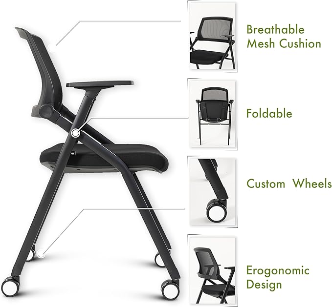 Folding Conference Room Chairs Set of 2 Black Guest Reception Chair for Office, Waiting Room, Meeting, Lobby, Church
