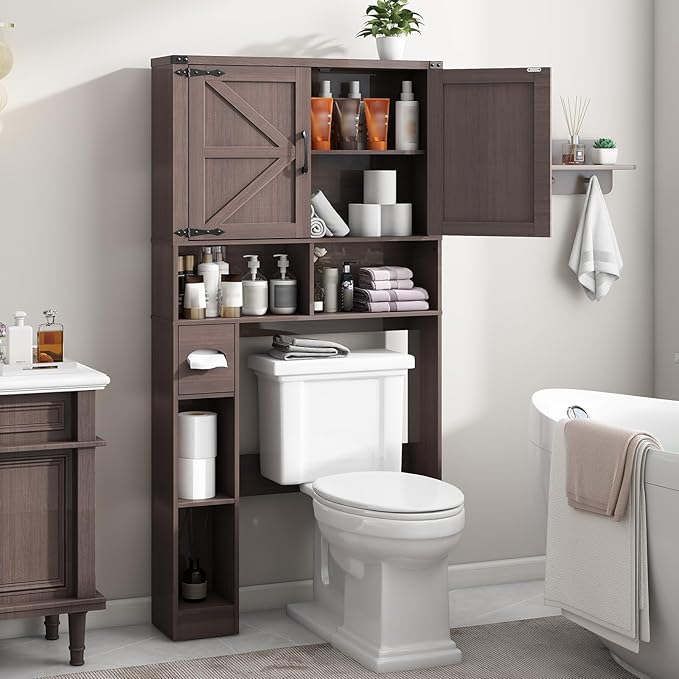 Vabches Over The Toilet Storage Cabinet, Farmhouse Storage Cabinet Over Toilet with Barn Doors & Toilet Paper Holder Stand,Home Space-Saving Toilet Rack, for Laundry, Bathroom, Restroom(Espresso).