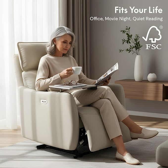 FLEXISPOT Lune Genuine Leather Power Recliner Chair with Tray Table & Adjustable Headrest, Real Leather Electric Recliner with USB & Type-C Charging Ports, Luxury Single Sofa for Living Room, Ceramic