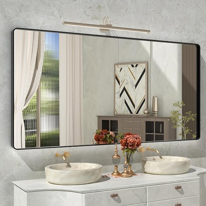 72x36 Inch Black Mirror for Bathroom,Black Metal Frame Vanity Mirror for Wall,Large Rounded Corner Rectangle Matte Black Mirror,Tempered Glass,Anti-Rust (Horizontal/Vertical)